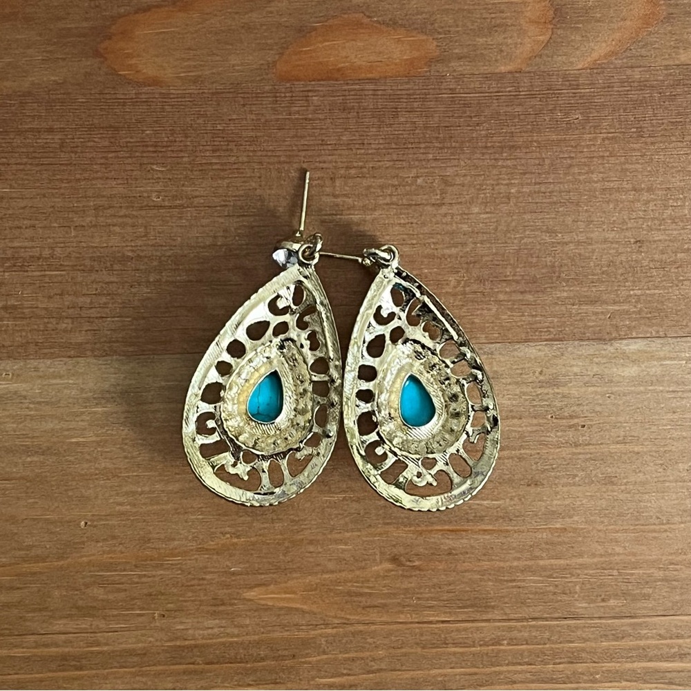 Vintage-look Gold Teardrop Earrings with Faux Turquoise Stone - Women Jewelry - Picture 5 of 7